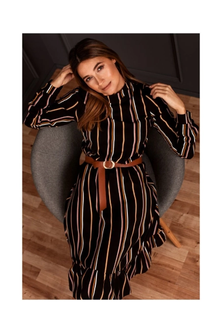 Sukienka boho w paski z falbaną i paskiem brązowa wiskoza