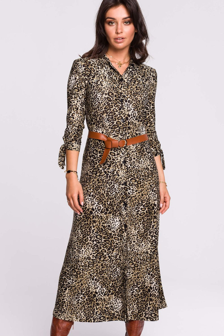 Długa sukienka koszulowa na guziki z kołnierzykiem w panterkę zielona