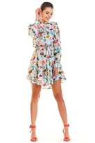 Koszulowa sukienka w kwiaty szmizjerka z kołnierzykiem i paskiem ecru