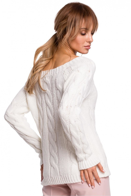 Sweter damski ze splotem typu warkocz kremowy