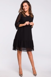 Sukienka rozkloszowana midi z falbankami dekolt V szyfonowa czarna