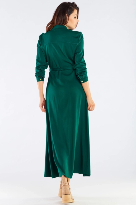 Trapezowa sukienka maxi z koszulową górą butelkowa zieleń