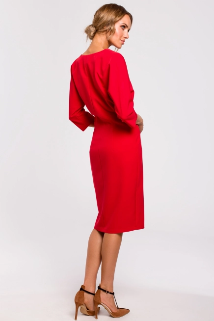 Sukienka elegancka ołówkowa zbluzowana góra i dekolt V czerwona