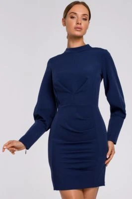 Marszczona sukienka z bufiastymi rękawami granatowa
