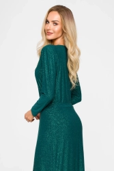 Suknia wieczorowa z rozcięciem długi rękaw butelkowa zieleń