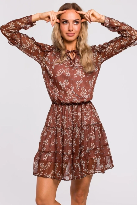 Sukienka BOHO w kwiaty szyfonowa z falbankami brązowa