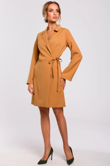 Sukienka żakietowa kopertowa z kołnierzykiem i wiązaniem brązowa