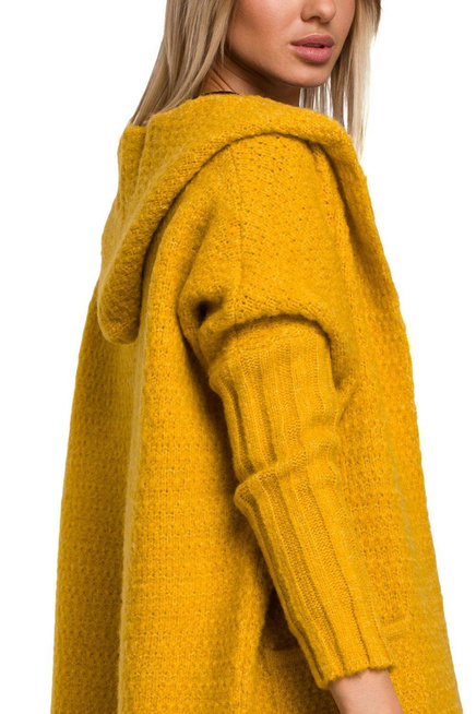 Kardigan oversize z wełną i obszernym kapturem wąskie rękawy żółty
