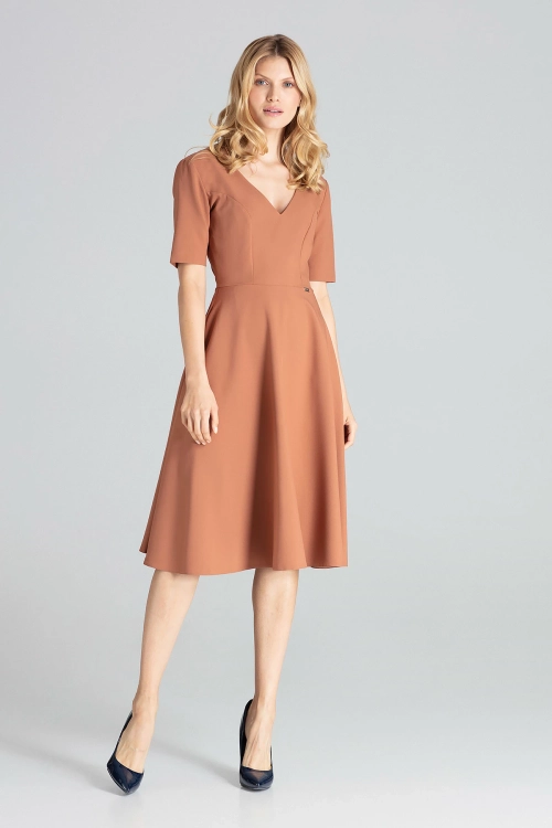 Rozkloszowana sukienka midi z dekoltem V brązowa