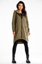 Długa bluza damska z kapturem i kieszeniami khaki