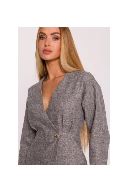 Elegancka sukienka tweedowa trapezowa kopertowa szara