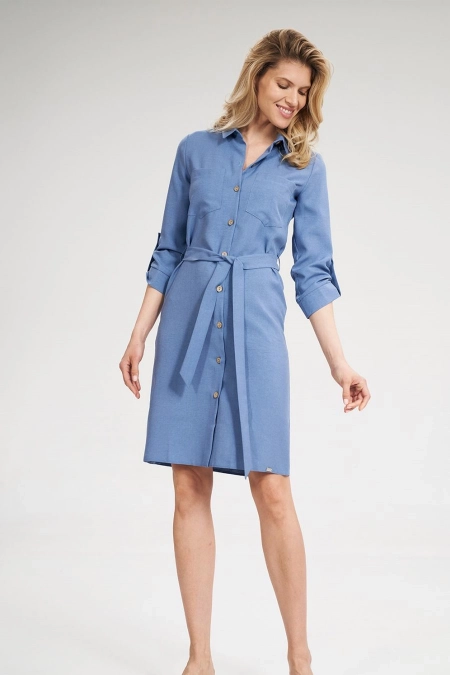 Koszulowa sukienka szmizjerka z rękawem 3/4 niebieska