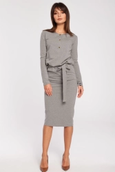 Sukienka bawełniana ołówkowa z wiązaniem w pasie szara