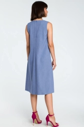 Lniana sukienka trapezowa na lato bez rękawów niebieska