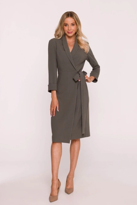 Elegancka sukienka ołówkowa kopertowa z wiązaniem khaki