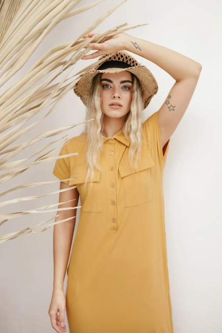 Sukienka koszulowa szmizjerka z kołnierzykiem żółta bawełna