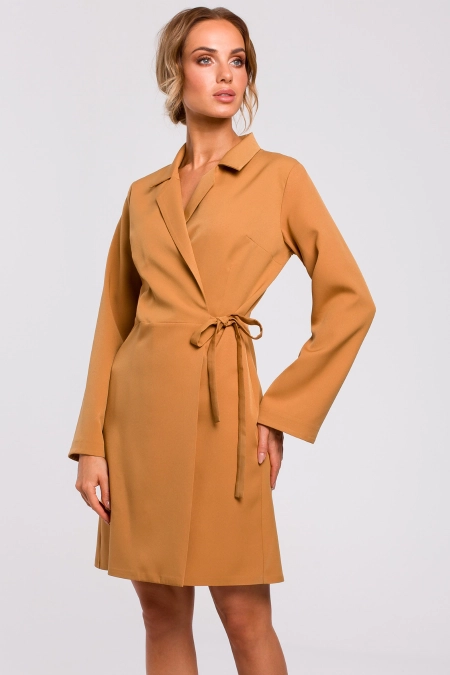 Sukienka żakietowa kopertowa z kołnierzem wiązaniem brązowa