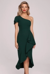 Wieczorowa sukienka na jedno ramię z falbaną zielona