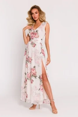 Długa sukienka szyfonowa w kwiaty z rozcięciem na nodze ecru