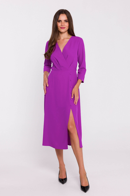 Elegancka sukienka rozkloszowana kopertowy dekolt lawenda