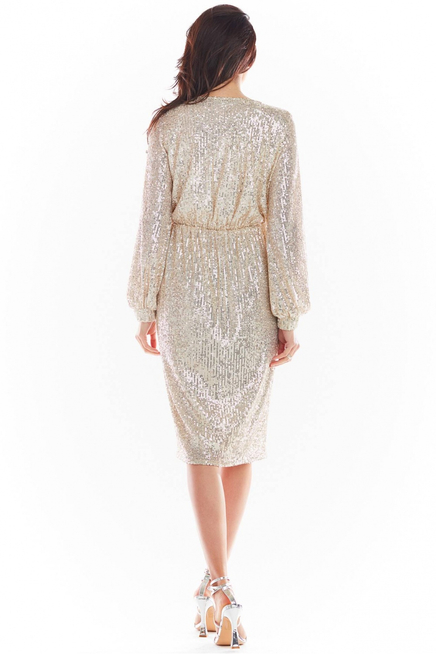 Sukienka cekinowa z dekoltem V i gumą w pasie asymetryczna szampańska