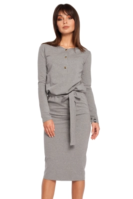 Sukienka bawełniana ołówkowa z wiązaniem w pasie szara