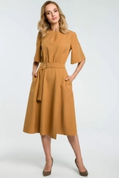 Sukienka elegancka rozkloszowana z paskiem brązowa