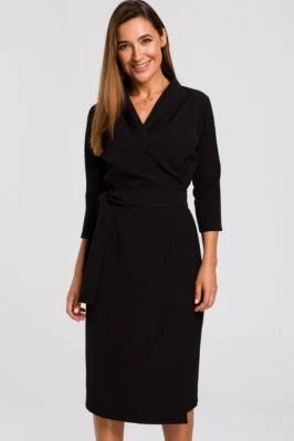 Elegancka sukienka biznesowa kopertowa midi z paskiem czarna