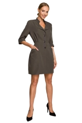 Elegancka sukienka żakietowa z guzikami i kołnierzem khaki