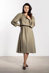 Elegancka sukienka rozkloszowana z bufiastym rękawem zielona