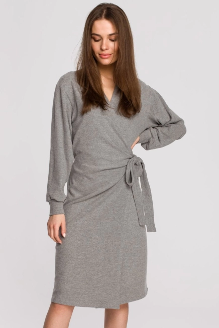 Sukienka dzianinowa kopertowa bawełniana z wiązaniem szara