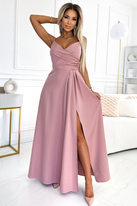 Długa sukienka na wesele rozkloszowana na ramiączkach pudrowy róż
