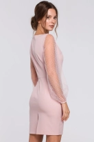 Sukienka na wesele wieczorowa z bufiastymi rękawami z siateczki różowa