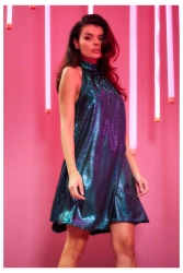 Sukienka trapezowa z dekoltem halter neck błyszcząca zielona