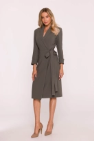 Elegancka sukienka ołówkowa kopertowa z wiązaniem khaki