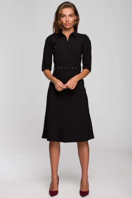 Elegancka sukienka koszulowa z kołnierzykiem paskiem czarna