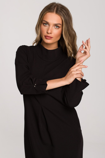 Sukienka elegancka pudełkowa z dekoracyjnymi zaszewkami czarna