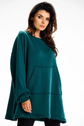 Bluza damska oversize długa z kieszenią kangurka zielona