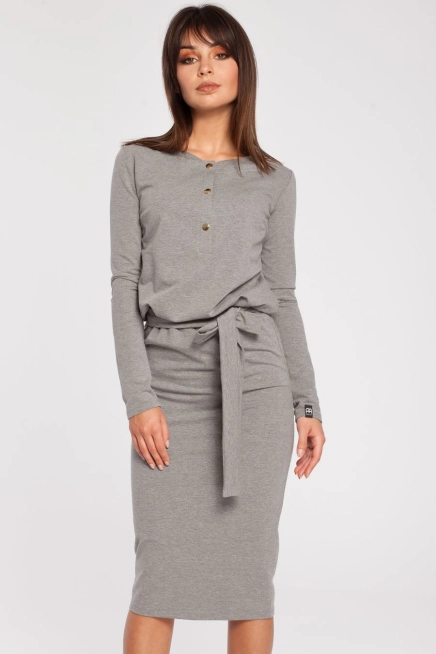 Sukienka bawełniana ołówkowa z wiązaniem w pasie szara