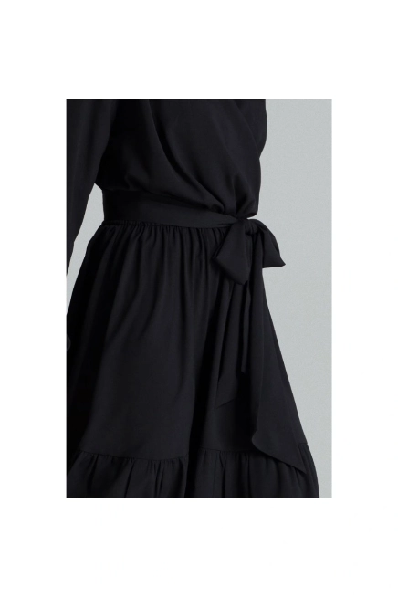 Sukienka boho rozkloszowana kopertowa midi z falbaną czarna