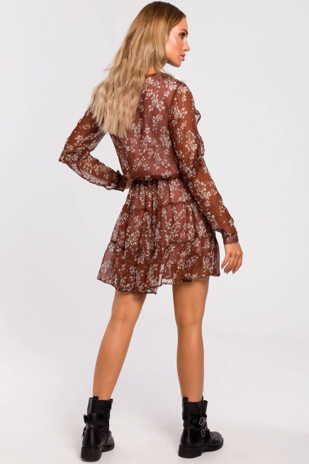 Sukienka w kwiaty szyfonowa z falbankami w stylu BOHO brązowa mini