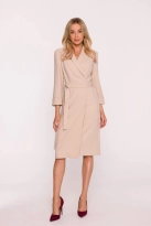 Elegancka sukienka ołówkowa kopertowa z wiązaniem beżowa