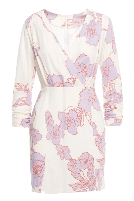 Ołówkowa sukienka mini w kwiaty z kopertową górą ecru kremowa