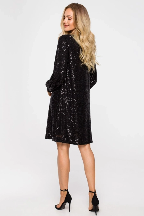 Sukienka cekinowa trapezowa z paskiem błyszcząca czarna