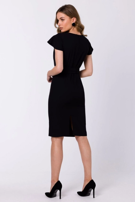 Elegancka ołówkowa sukienka z paskiem krótki rękaw czarna