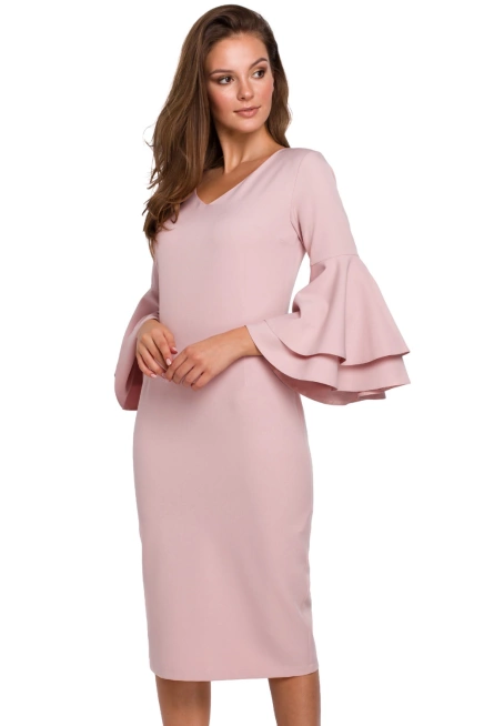 Sukienka na wesele elegancka midi z bufiastymi rękawami pudrowy róż