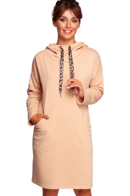 Sukienka bluza z kapturem i kieszeniami bawełniana beżowa