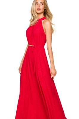 Długa suknia wieczorowa błyszcząca z dekoltem halter czerwona