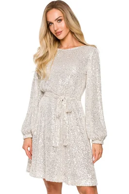 Sukienka cekinowa trapezowa z paskiem błyszcząca szampańska