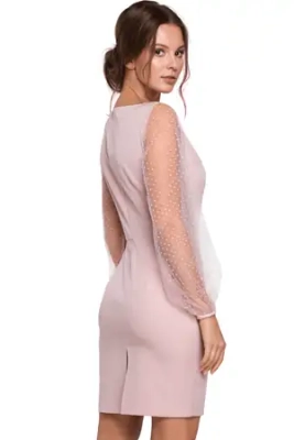 Sukienka elegancka wieczorowa z bufiastymi rękawami różowa